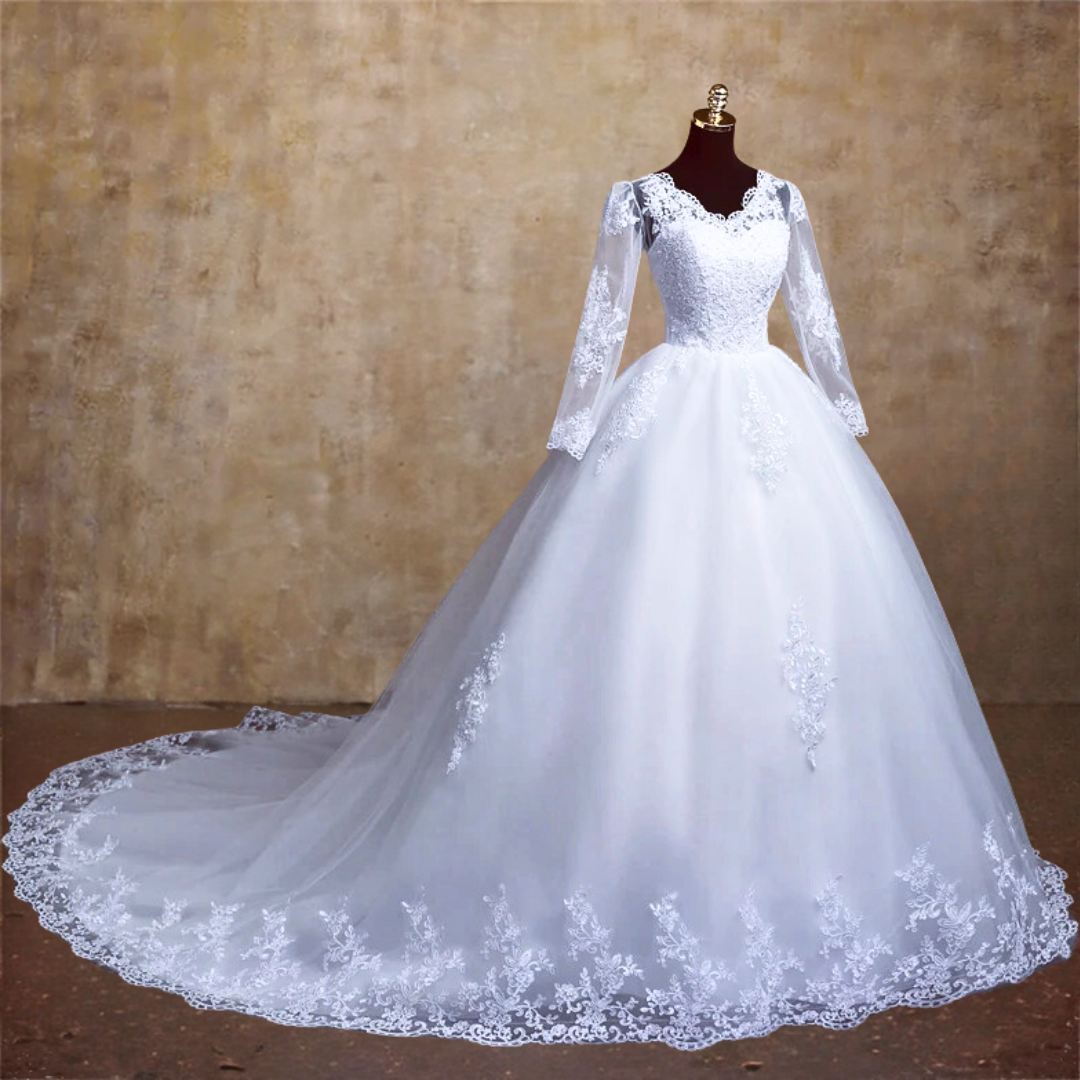 GownLink's Enchanting White Wedding Gown with Lace Bodice and Elegant Train for Christian & Catholic Weddings