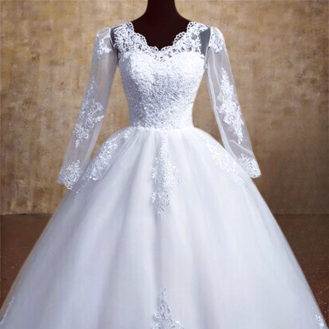 GownLink's Enchanting White Wedding Gown with Lace Bodice and Elegant Train for Christian & Catholic Weddings