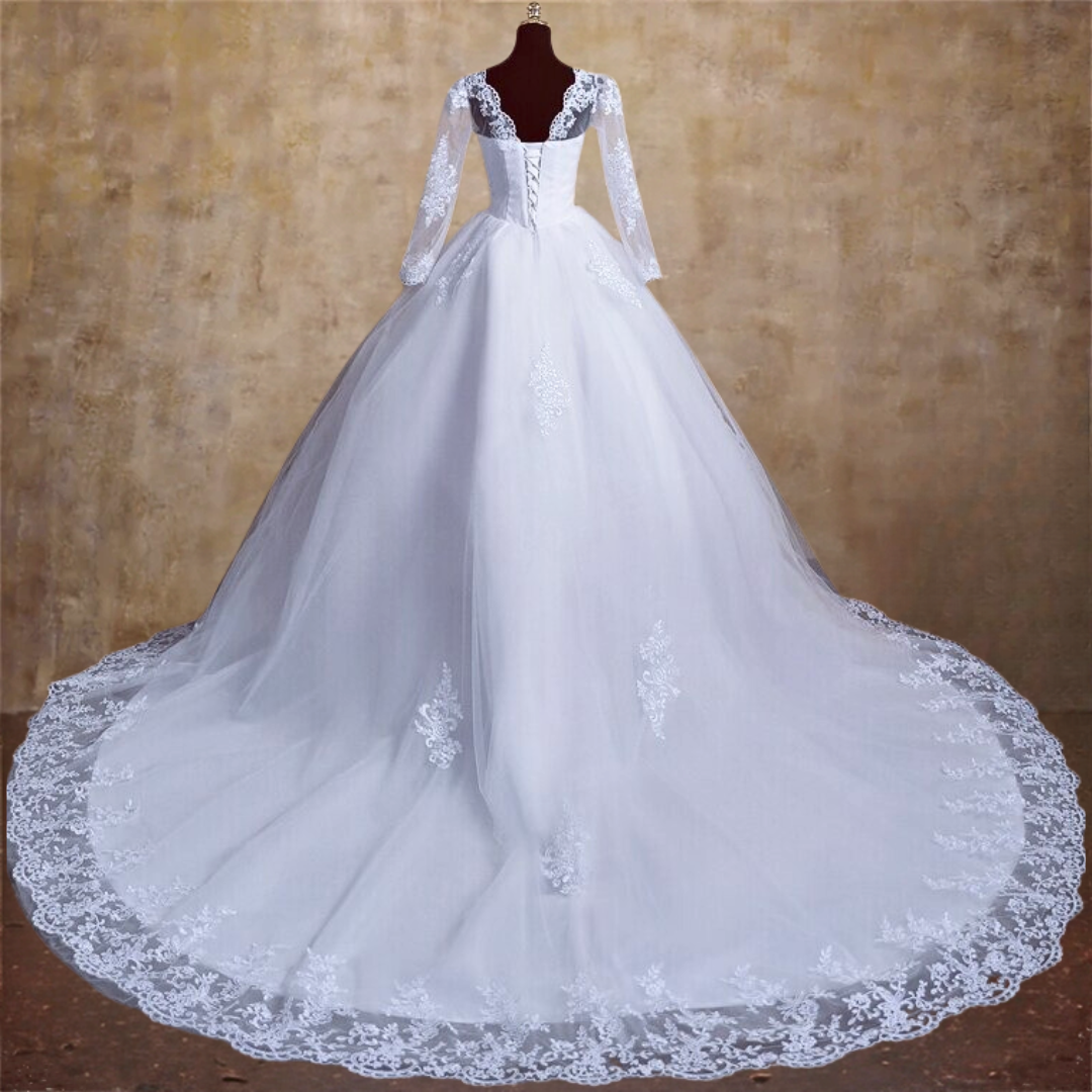 GownLink's Enchanting White Wedding Gown with Lace Bodice and Elegant Train for Christian & Catholic Weddings