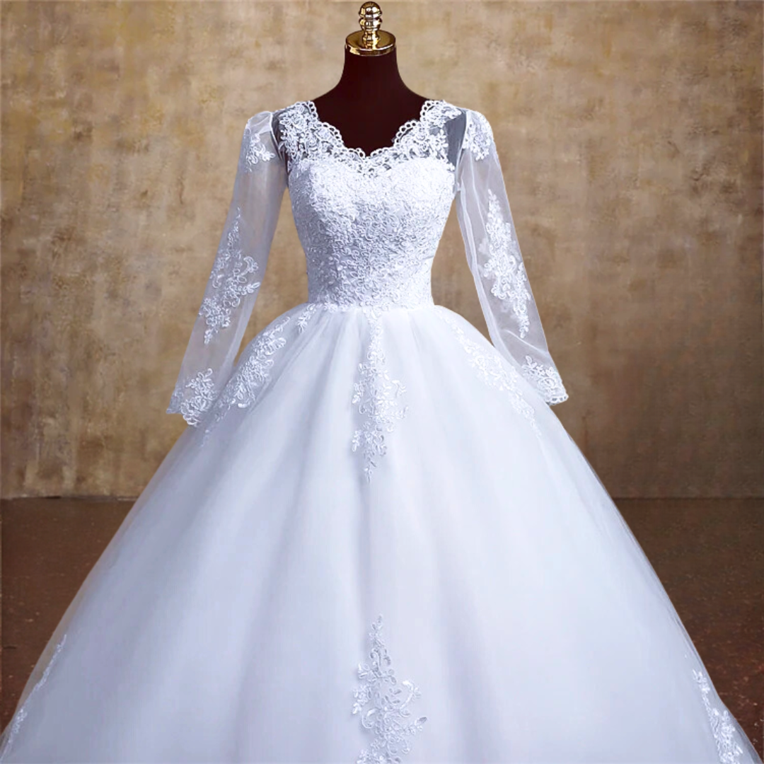 GownLink's Enchanting White Wedding Gown with Lace Bodice and Elegant Train for Christian & Catholic Weddings