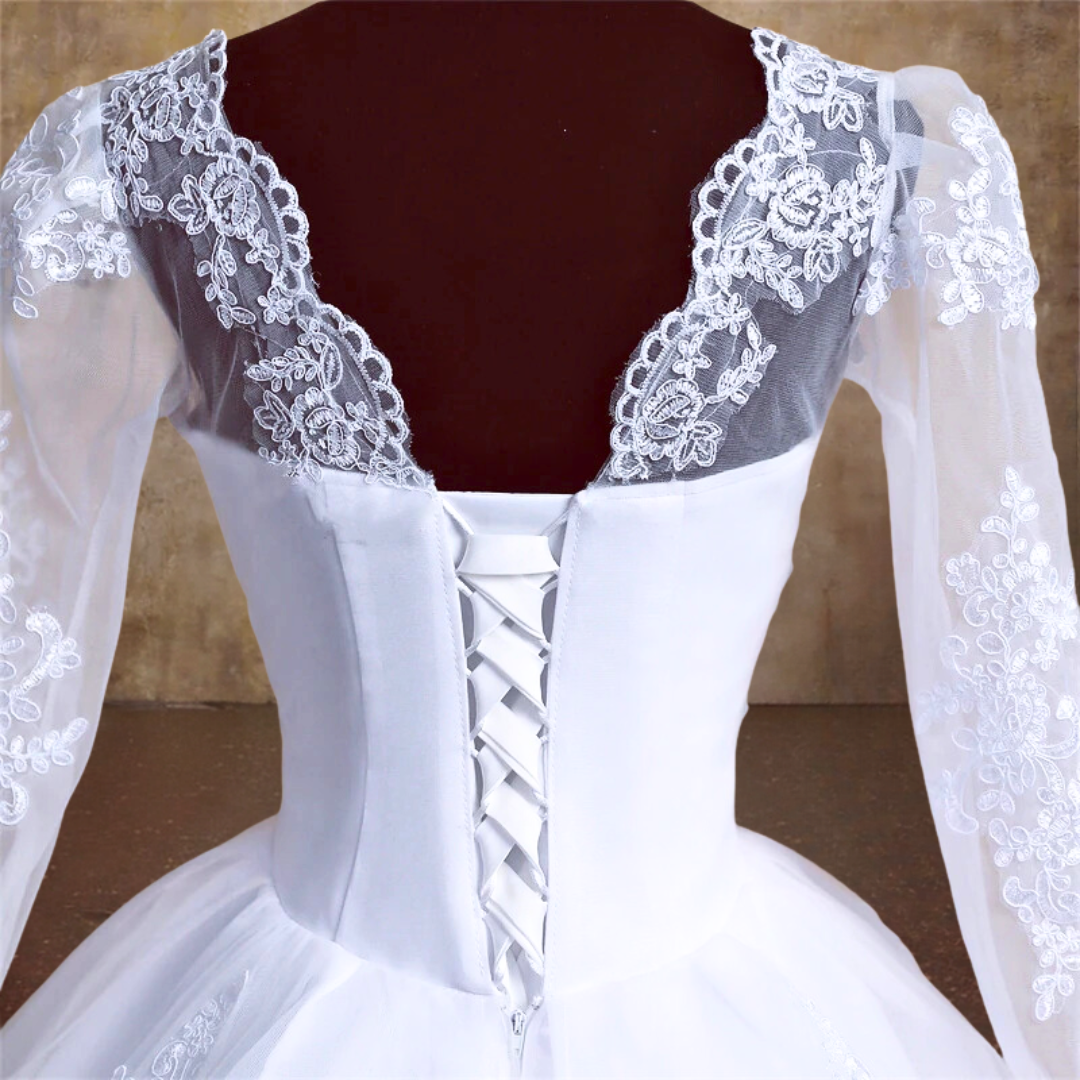 GownLink's Enchanting White Wedding Gown with Lace Bodice and Elegant Train for Christian & Catholic Weddings