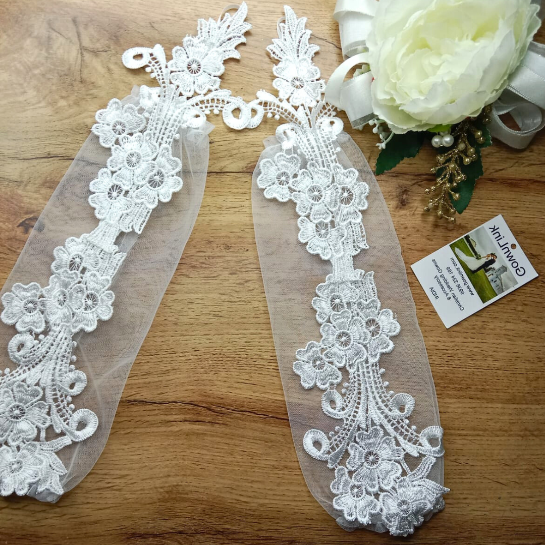  Long Ivory Satin Bridal Gloves With Embroidery Lace Trim