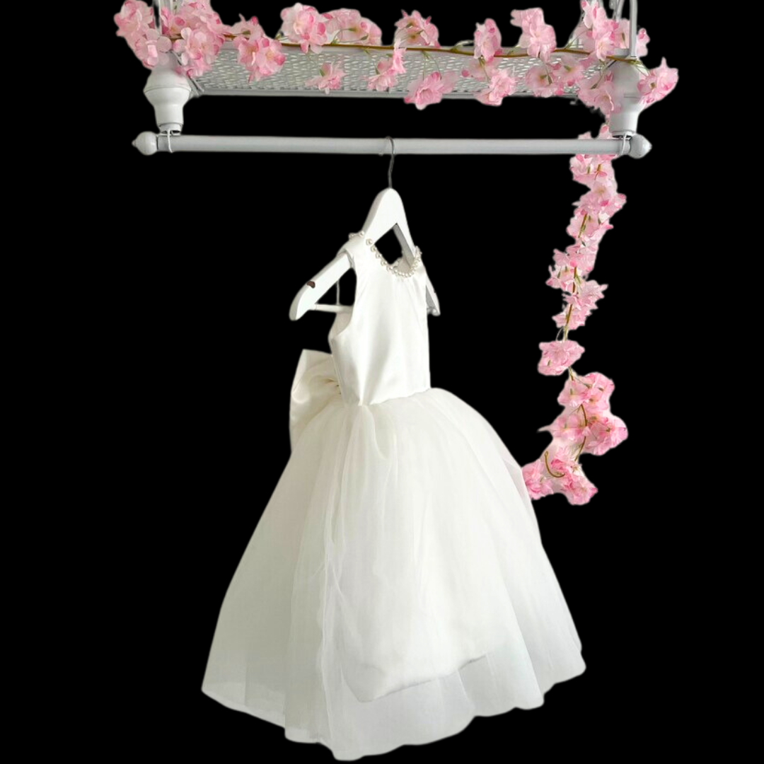 "Crafted for Elegance: Neck pearl White Dress for First Holy Communion."