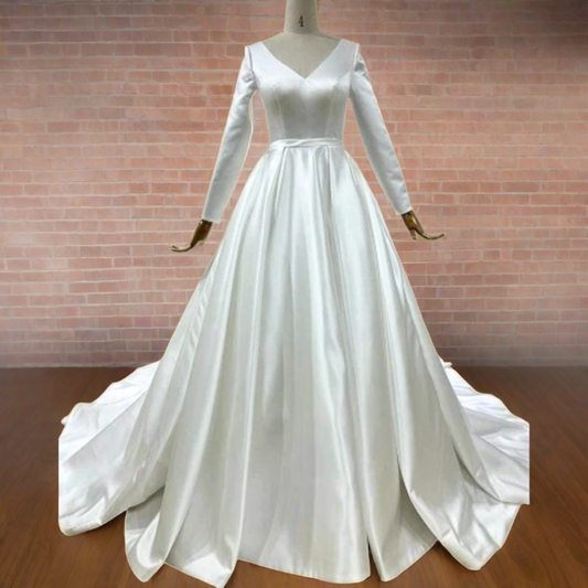 A line  white satin gown