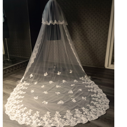 GownLink's  Cathedral Bridal Long Veil 3.5 Meters with Front Face Layer & Comb for Christian & Catholic Weddings GLVHM4