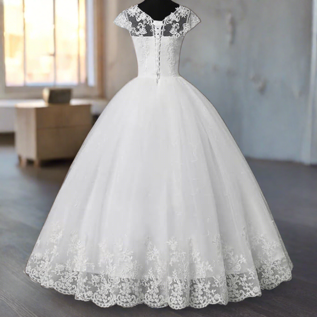 Ethereal White Lace Ball Gown, Perfect for Christian Weddings.