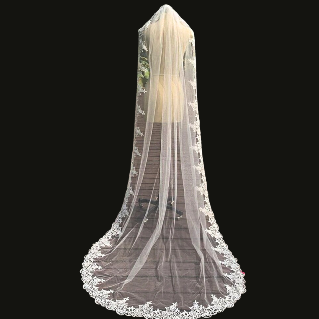 GownLink Long Elegant Bridal Veil, Embellished with Lacework and Comb GLCP5956