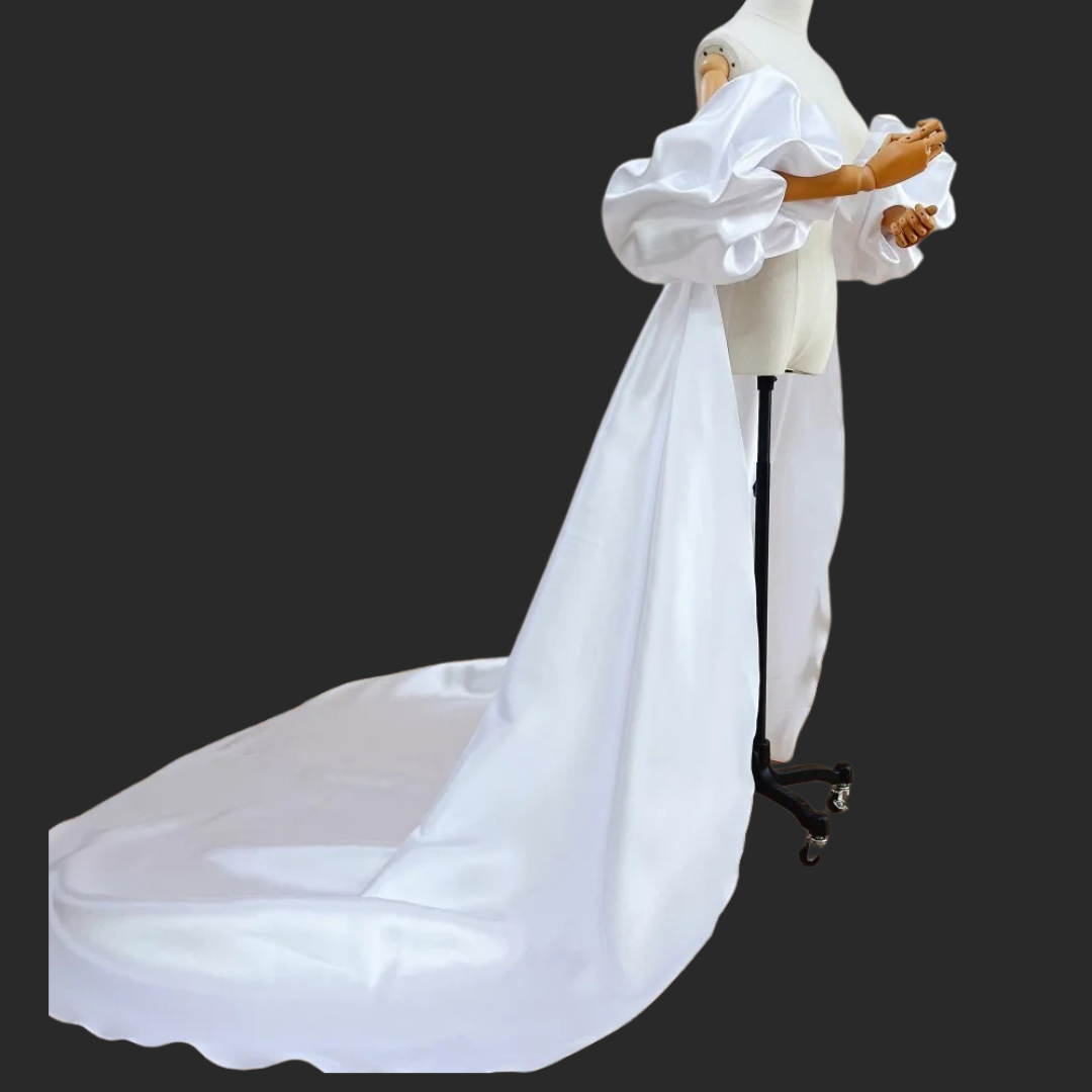GownLink,s Satin Long Wedding Cape Puffy Short Sleeves Court Tain Evening Cape Outfit Coat For Women GLDJ199  3 meter Coat Length