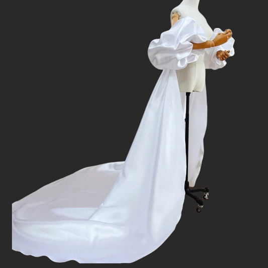GownLink,s Satin Long Wedding Cape Puffy Short Sleeves Court Tain Evening Cape Outfit Coat For Women GLDJ199  3 meter Coat Length