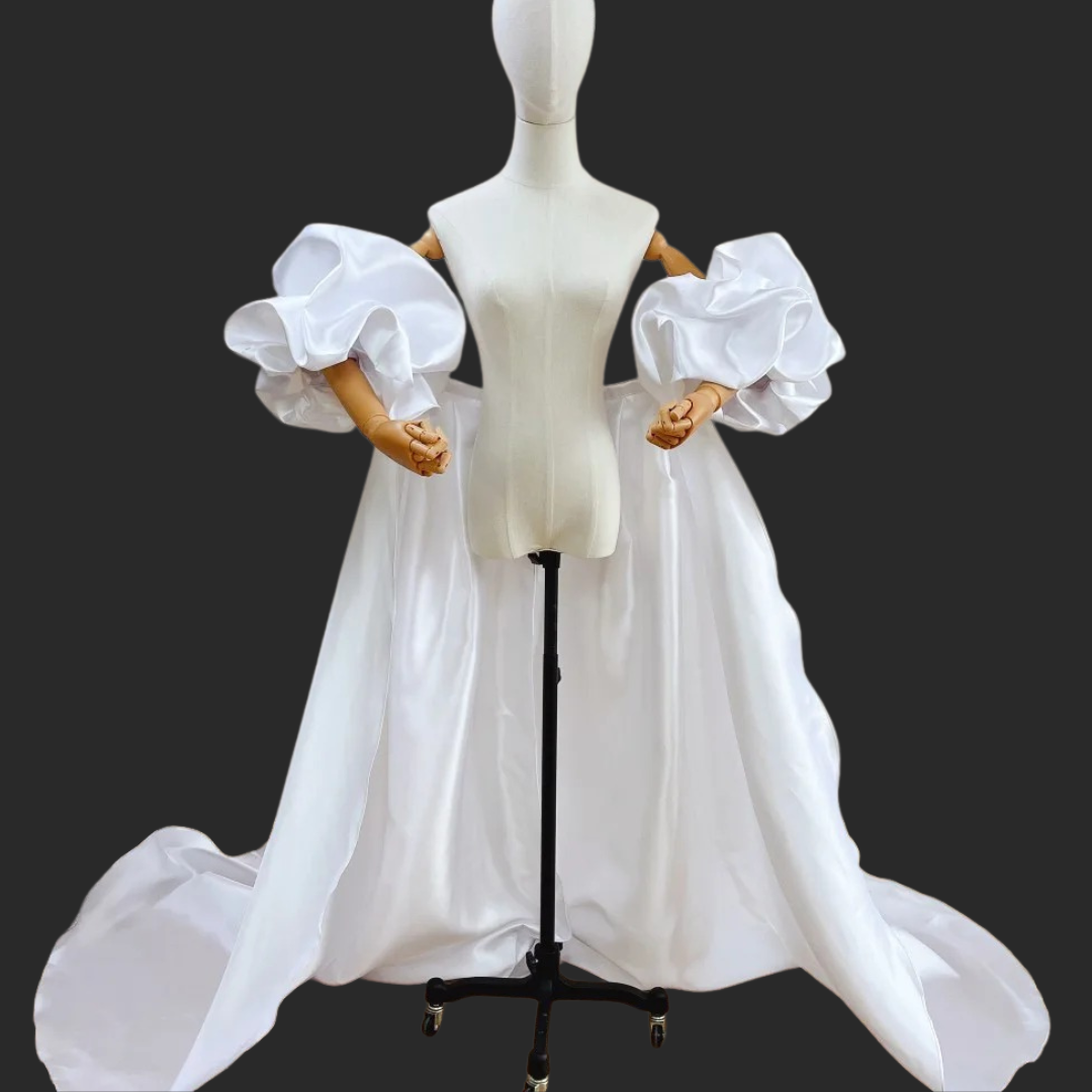 GownLink,s Satin Long Wedding Cape Puffy Short Sleeves Court Tain Evening Cape Outfit Coat For Women GLDJ199  3 meter Coat Length