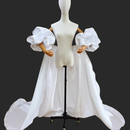 GownLink,s Satin Long Wedding Cape Puffy Short Sleeves Court Tain Evening Cape Outfit Coat For Women GLDJ199  3 meter Coat Length