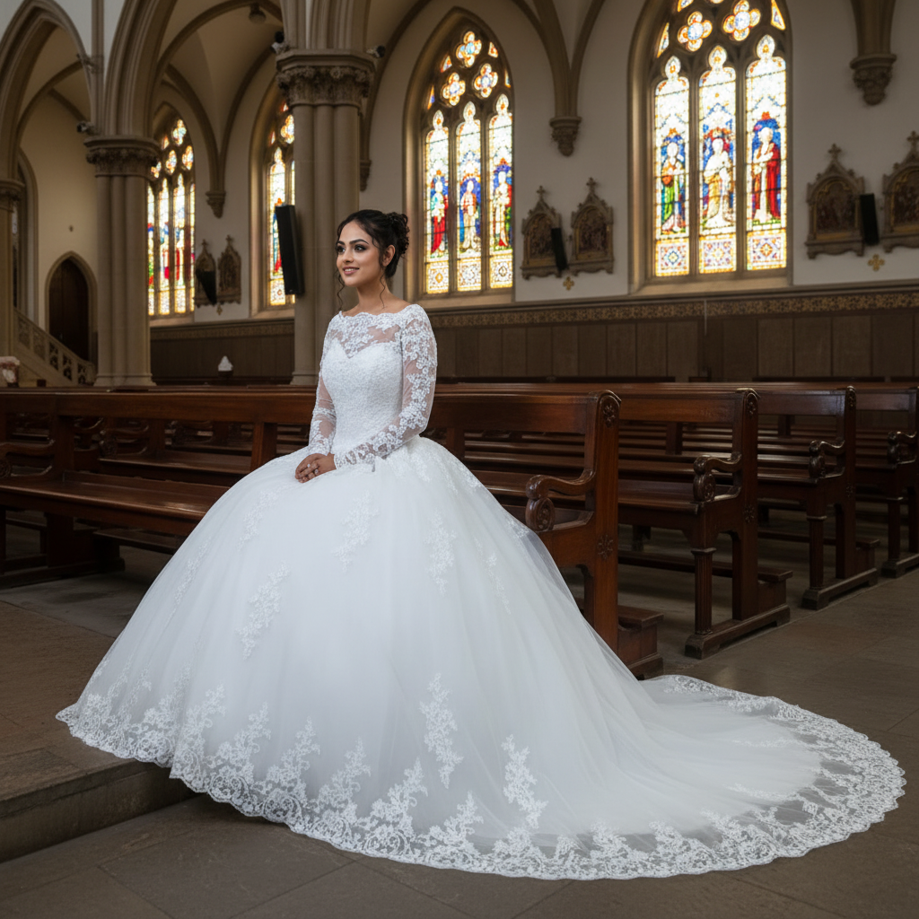 GownLink Classic White A-Line Bridal Gown with Full Sleeves and Long Train Style GLR015