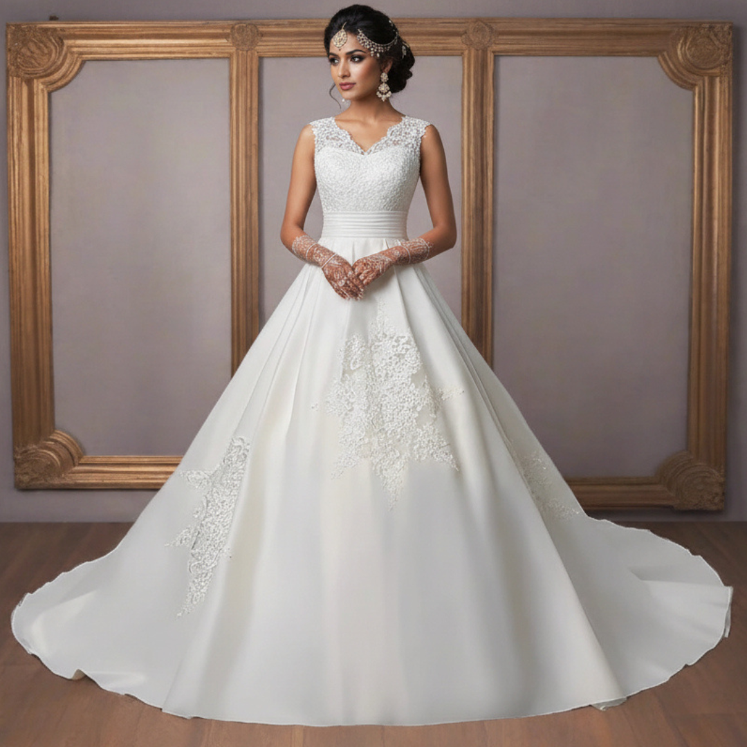 GownLink Luxury White Satin Bridal Train Gown for Christian & Catholic Weddings with Sleeves GLHSD691