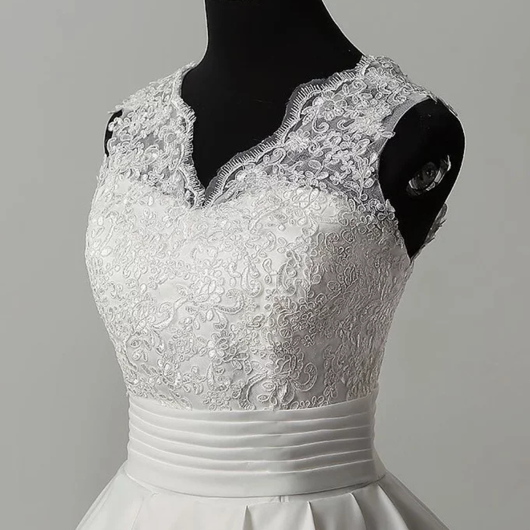 GownLink Luxury White Satin Bridal Train Gown for Christian & Catholic Weddings with Sleeves GLHSD691