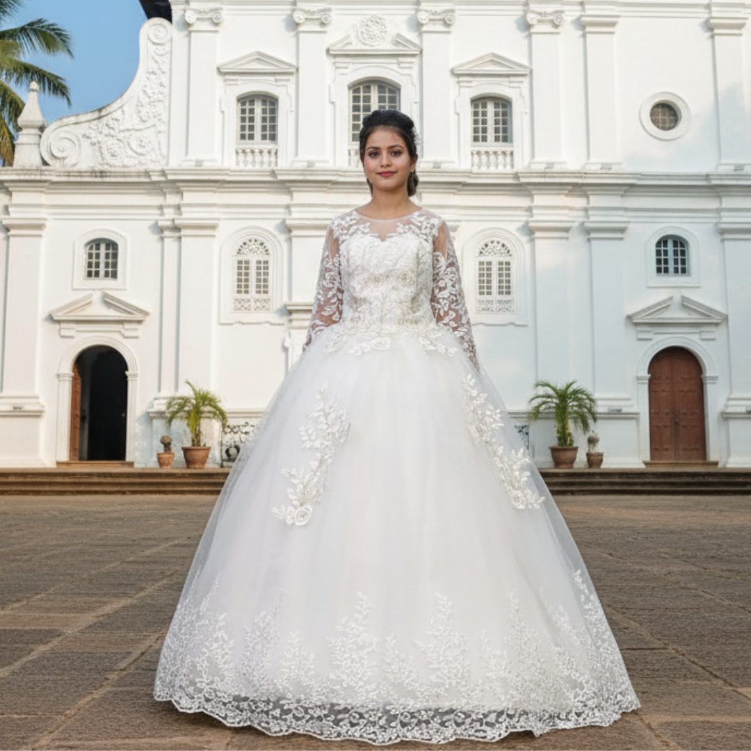 GownLink White Catholic Wedding Ball Gown for Christian & Church Brides Full Sleeves Lace Applique Bridal Wedding Gown -GLGF038B