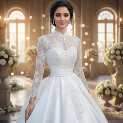 GownLink White Christian & Catholics Wedding Train Satin Dress With Sleeves GLHSD500