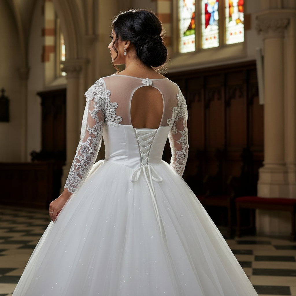 GownLink White Catholic Bridal Train Gown with Beaded Lace for Church Wedding Brides GLHMD16050083T
