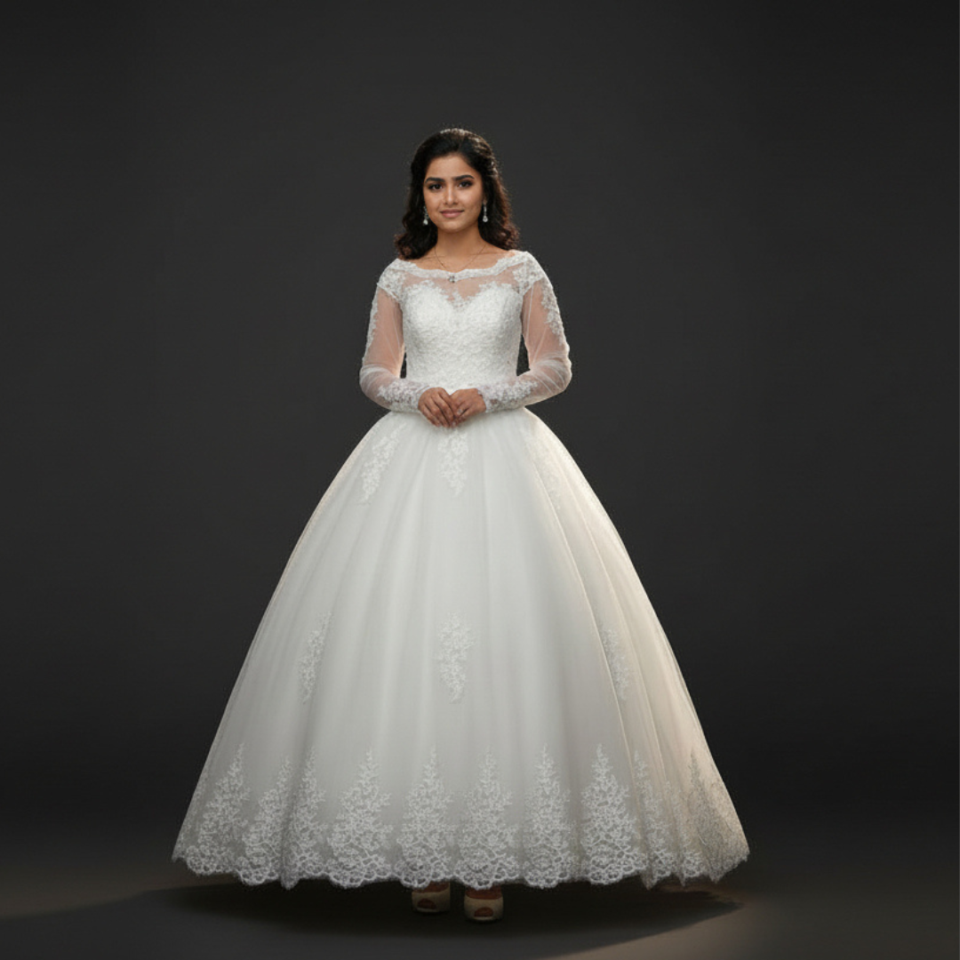 GownLink Royal White Princess Wedding Ball Gown Luxury Bridal Dress with Classic Church Wedding Gown- GLGB150-B