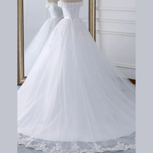 GownLink Stunning White Train Church Wedding Gown for Christian & Catholic Brides Elegant Princess Bridal Dress GLKD03-T