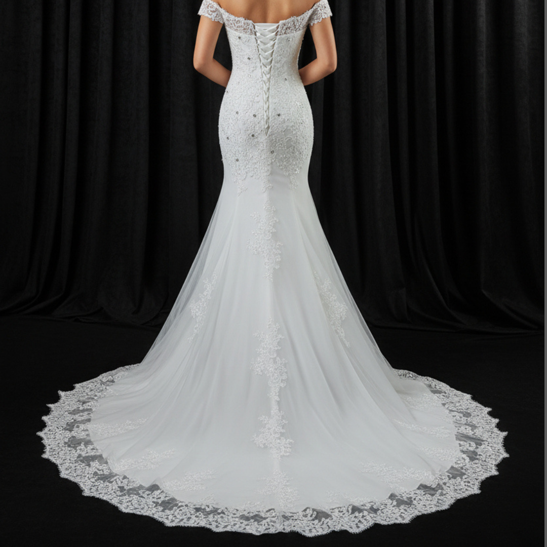 GownLink Elegant White Mermaid Wedding Dress with Royal Train for Christian Bride GLGT027