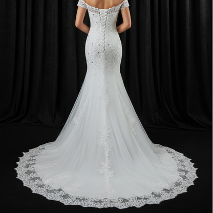 GownLink Elegant White Mermaid Wedding Dress with Royal Train for Christian Bride GLGT027