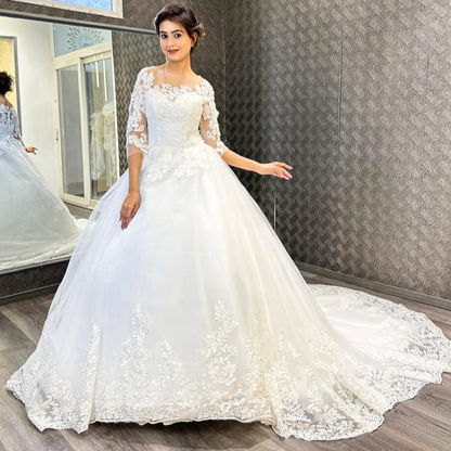 GownLink Luxury Christian Catholic White Full Sleeve Long Train Heart Shape Bridal Gown -GLD30T