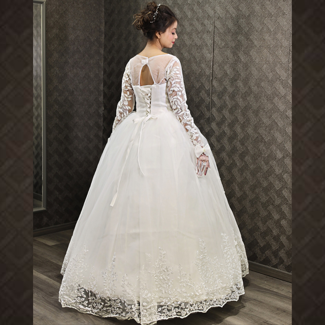 Gownlink White Christian Wedding Ball Gown with Lace Appliques Full Sleeves GLGF038