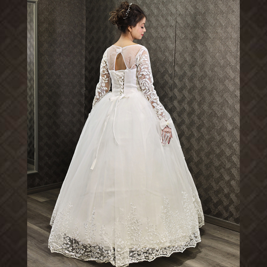Gownlink White Christian Wedding Ball Gown with Lace Appliques Full Sleeves GLGF038