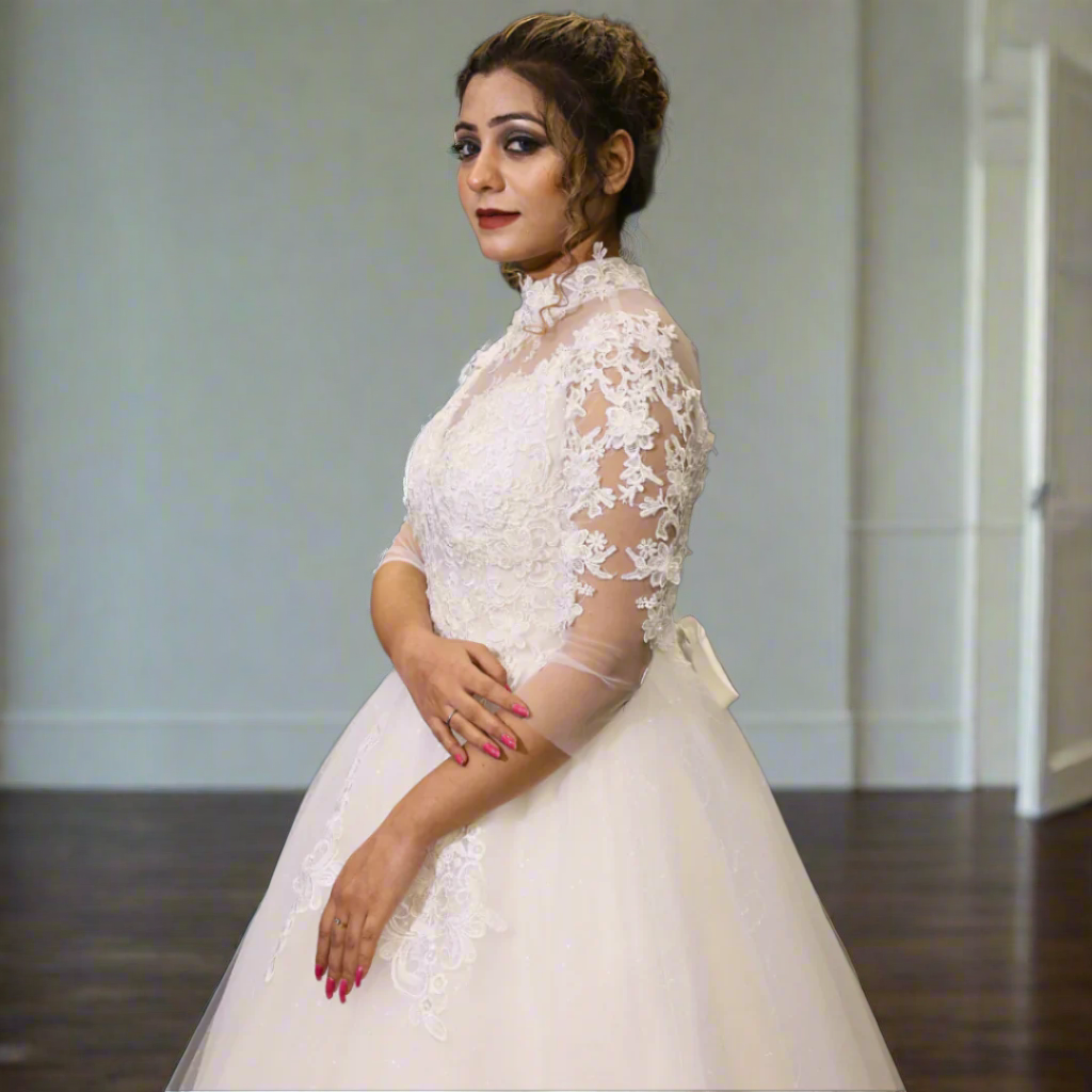 GownLink White Church Wedding Gown with High Neck and Cathedral Ball Gown GLD68B