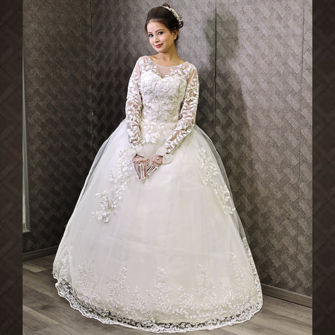Gownlink White Christian Wedding Ball Gown with Lace Appliques Full Sleeves GLGF038