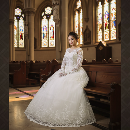 GownLink White Catholic Wedding Ball Gown for Christian & Church Brides Full Sleeves Lace Applique Bridal Wedding Gown -GLGF038B