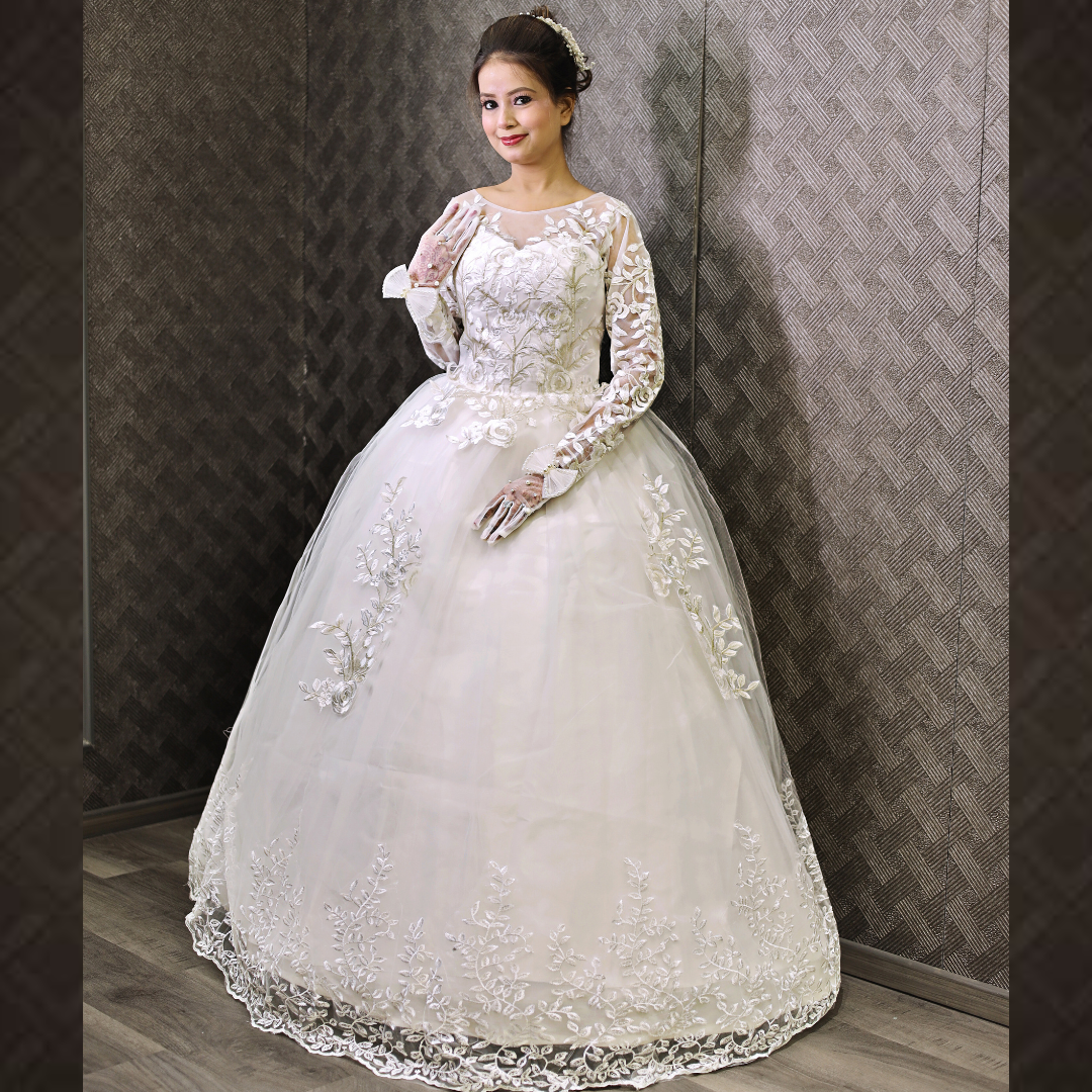 Gownlink White Christian Wedding Ball Gown with Lace Appliques Full Sleeves GLGF038