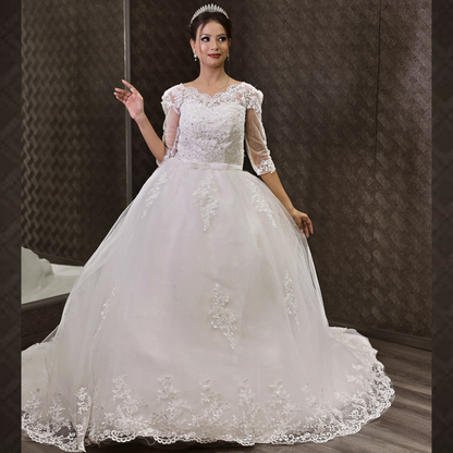 GownLink Classic White Wedding Train Gown, Elegant Long Trail Bridal Gown for Christian & Catholic Brides- GLHSD14T