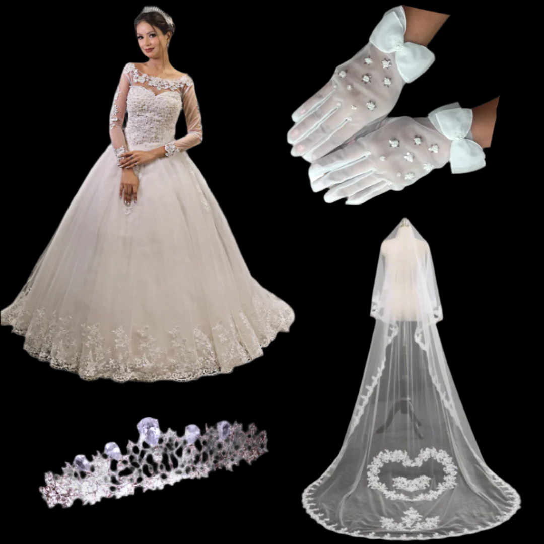 GownLink Full Bridal Set of Five Gown Veil Crown Gloves for Christian & Catholic bride Combo-GF042