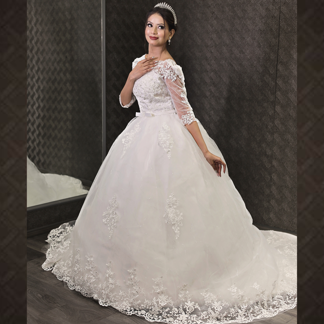 GownLink Classic White Wedding Train Gown, Elegant Long Trail Bridal Gown for Christian & Catholic Brides- GLHSD14T
