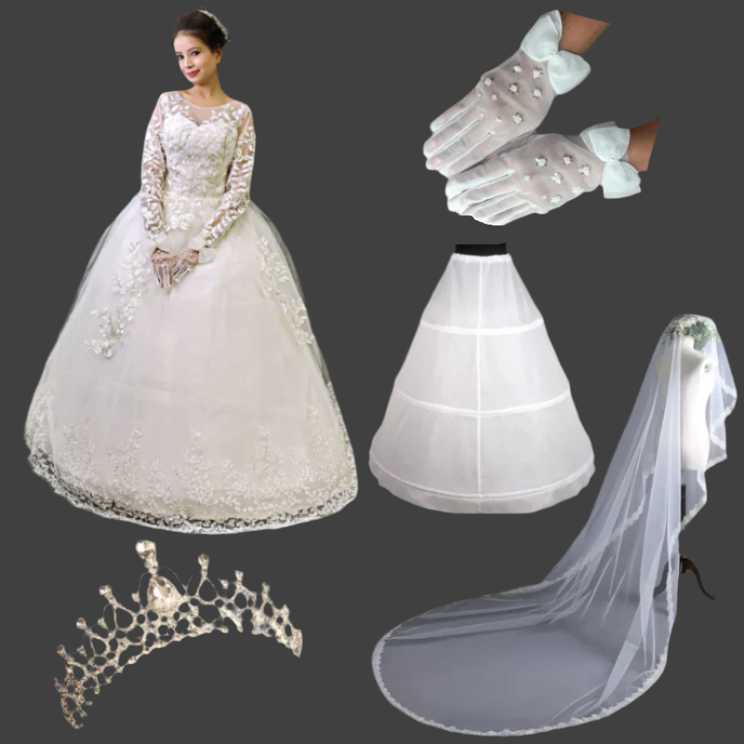 GownLink Full Bridal Set of Four Gown Veil Crown Gloves for Christian & Catholic bride Combo-GF038
