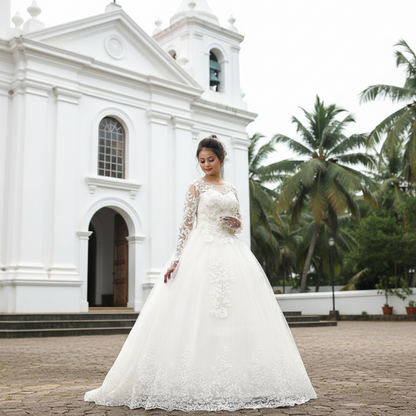 GownLink White Catholic Wedding Ball Gown for Christian & Church Brides Full Sleeves Lace Applique Bridal Wedding Gown -GLGF038B