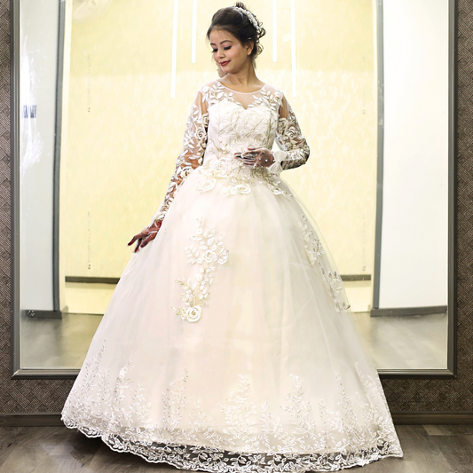 Gownlink White Christian Wedding Ball Gown with Lace Appliques Full Sleeves GLGF038