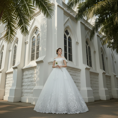 GownLink Elegant Off Shoulder White Bridal Wedding Gown for Christian & Catholic Bride GLQD09