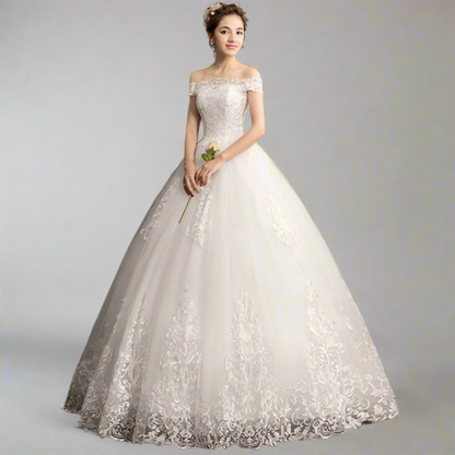 GownLink White Wedding Ball Gown with Off-the-Shoulder Neckline GLQD09