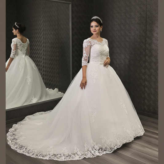 GownLink Classic White Bridal Train Gown for Christian & Catholic Brides Luxury Princess Wedding Gown with Elegant Long Train – GLHS14T