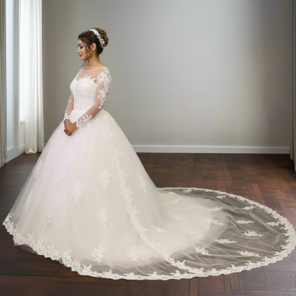 GownLink Dreamy White Church Wedding Gown with Beaded Lace Train Elegant Christian & Catholic Bridal Dress for Brides-GLGT009T