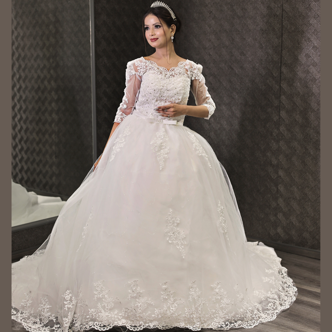GownLink Classic White Wedding Train Gown, Elegant Long Trail Bridal Gown for Christian & Catholic Brides- GLHSD14T