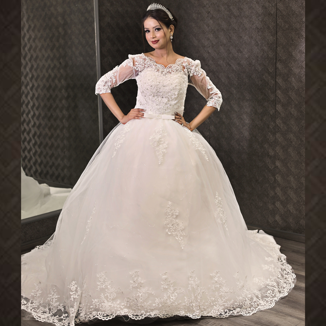 GownLink Classic White Wedding Train Gown, Elegant Long Trail Bridal Gown for Christian & Catholic Brides- GLHSD14T