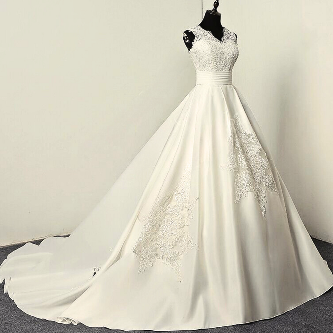 GownLink White Christian & Catholics Wedding Train Satin Dress With Sleeves GLHSD691