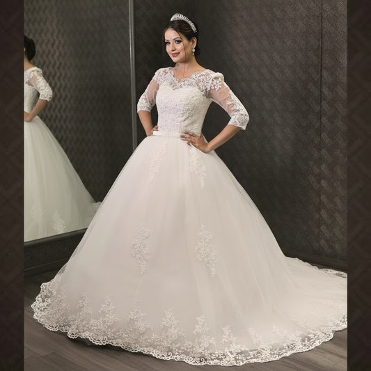 GownLink Classic White Bridal Train Gown for Christian & Catholic Brides Luxury Princess Wedding Gown with Elegant Long Train – GLHS14T