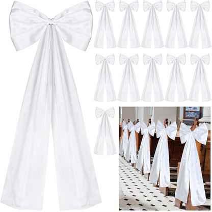 GownLink,s Large Wedding Pew Bows with Long Tails 12 x 29.5 Inch Wedding Aisle Decorations Bows Satin Ribbon Background Decor for Bridal Shower Reception Ceremony(White,12 Pcs)