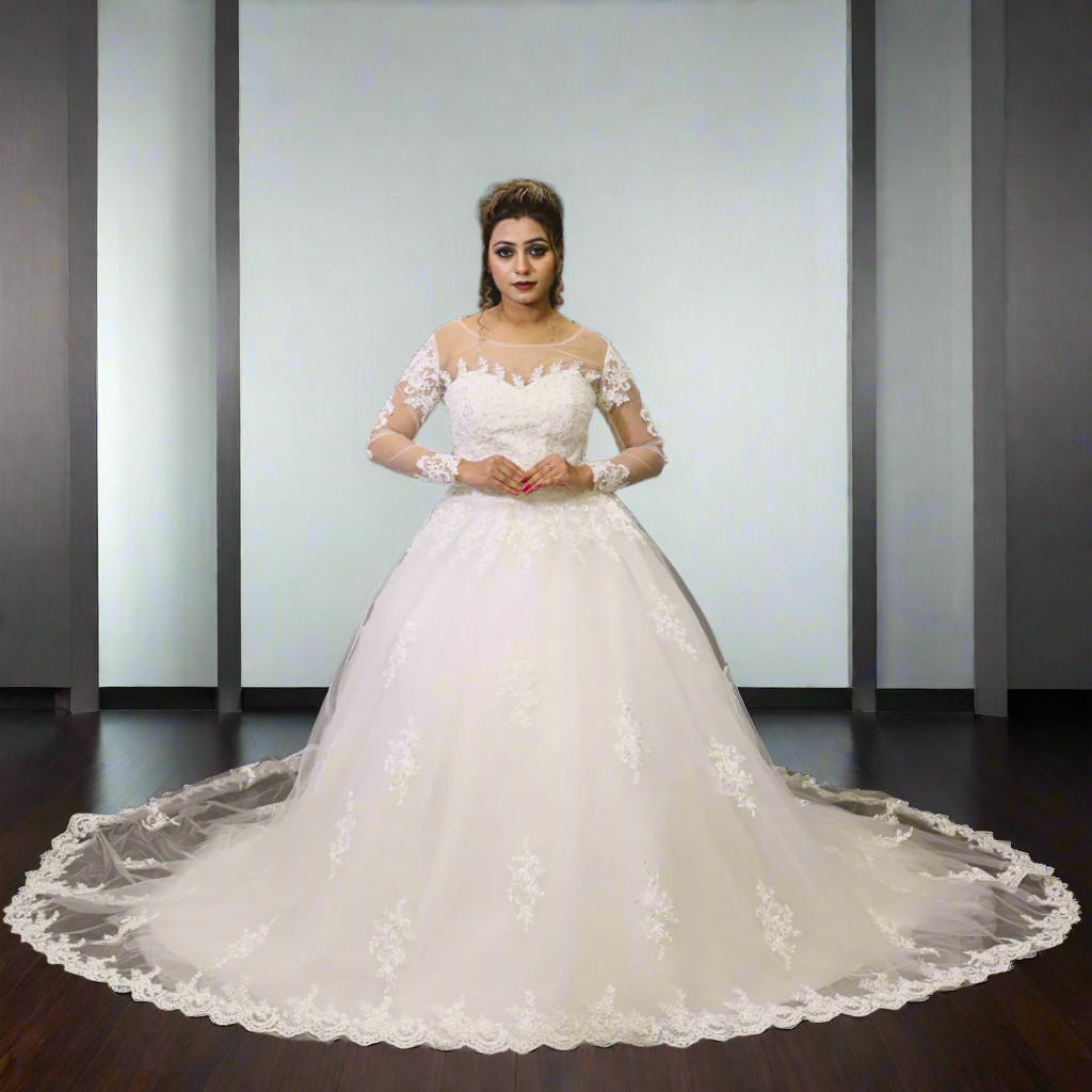 GownLink Stunning Train Gown White Church Wedding Gown with Beaded Lace GLGT009