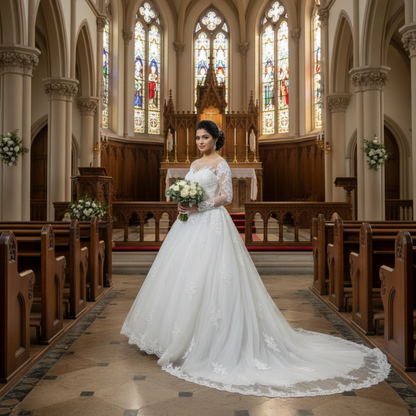 GownLink Dreamy White Church Wedding Gown with Beaded Lace Train Elegant Christian & Catholic Bridal Dress for Brides-GLGT009T