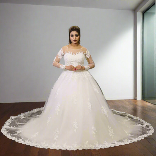 GownLink Stunning Train Gown White Church Wedding Gown with Beaded Lace GLGT009